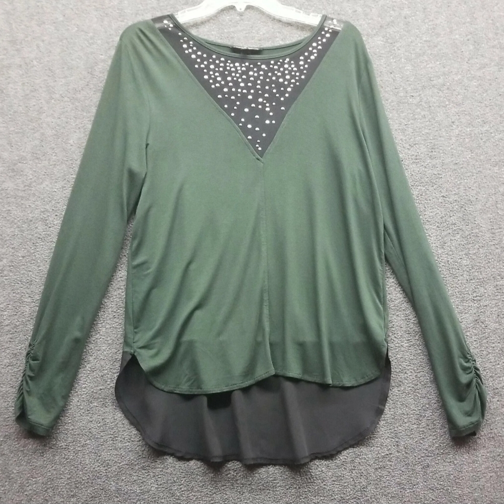 Womens Cable & Gauge Pullover Top  Size M Green w/ Black, Metallic Sequins